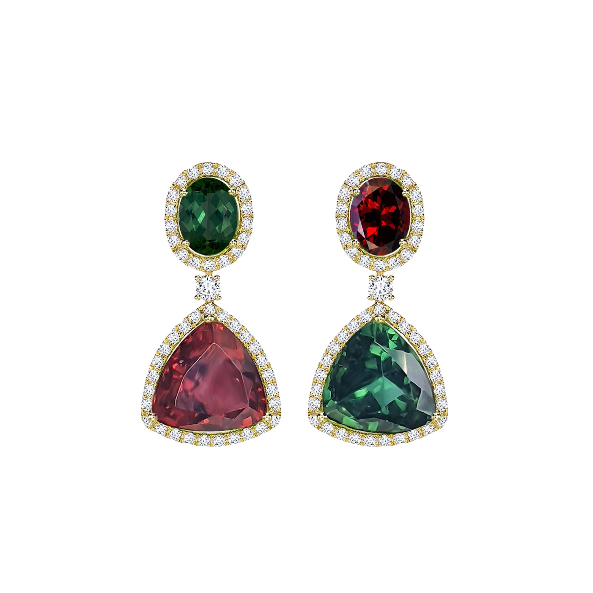 Olive Two Tones Gemstones Halo Earrings - Pink Green Trillion W136