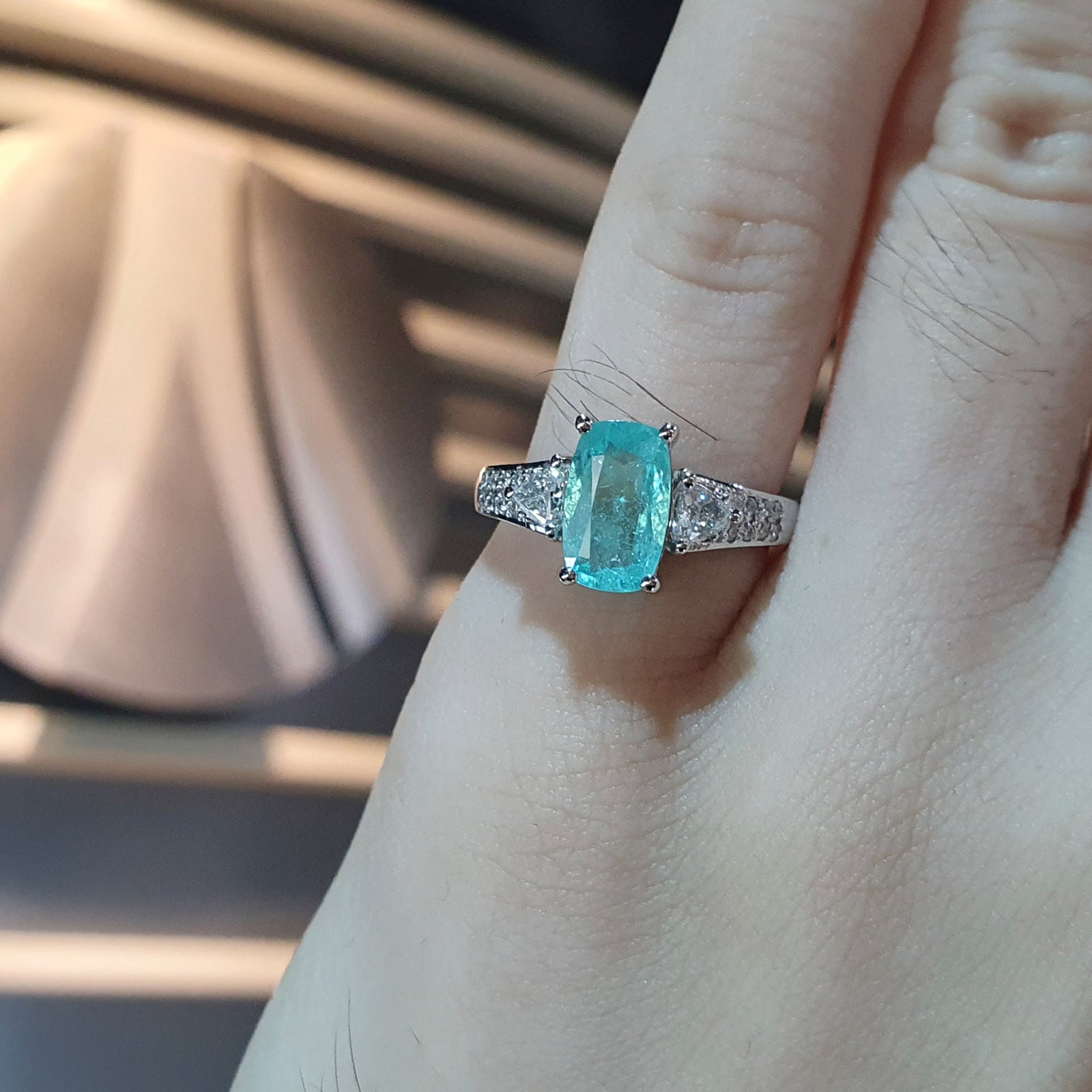 G263  Tiara 3 Stone Ring - Paraiba Long Cushion 2023-043