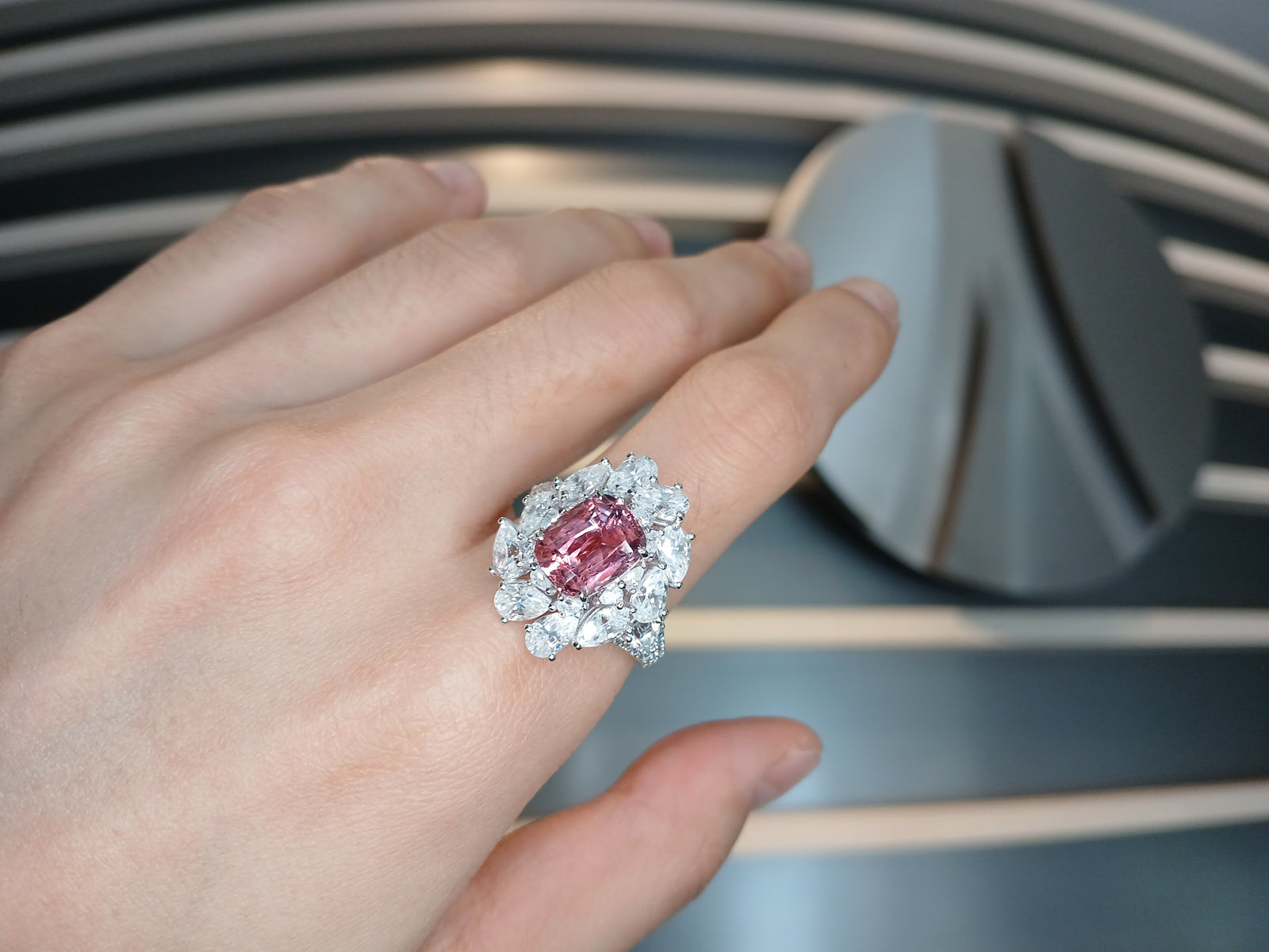 2024-047 TRACY FLOWER FANCY HALO- BERRY PINK LONG CUSHION 2.69CT