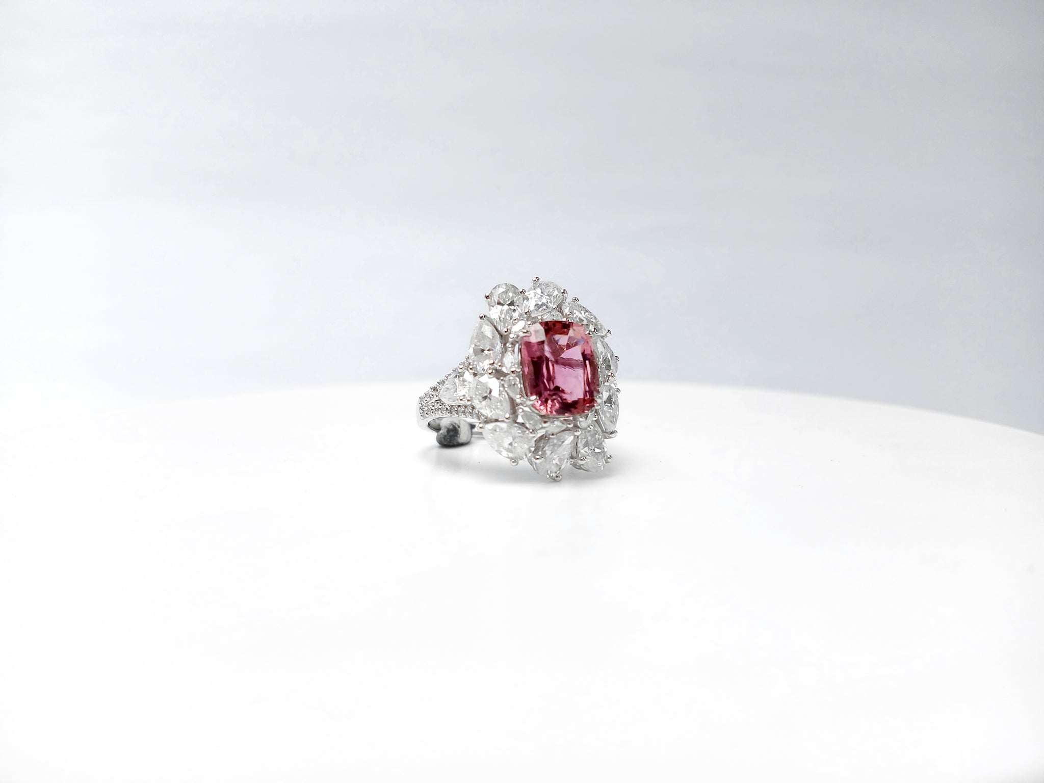 2024-047 TRACY FLOWER FANCY HALO- BERRY PINK LONG CUSHION 2.69CT