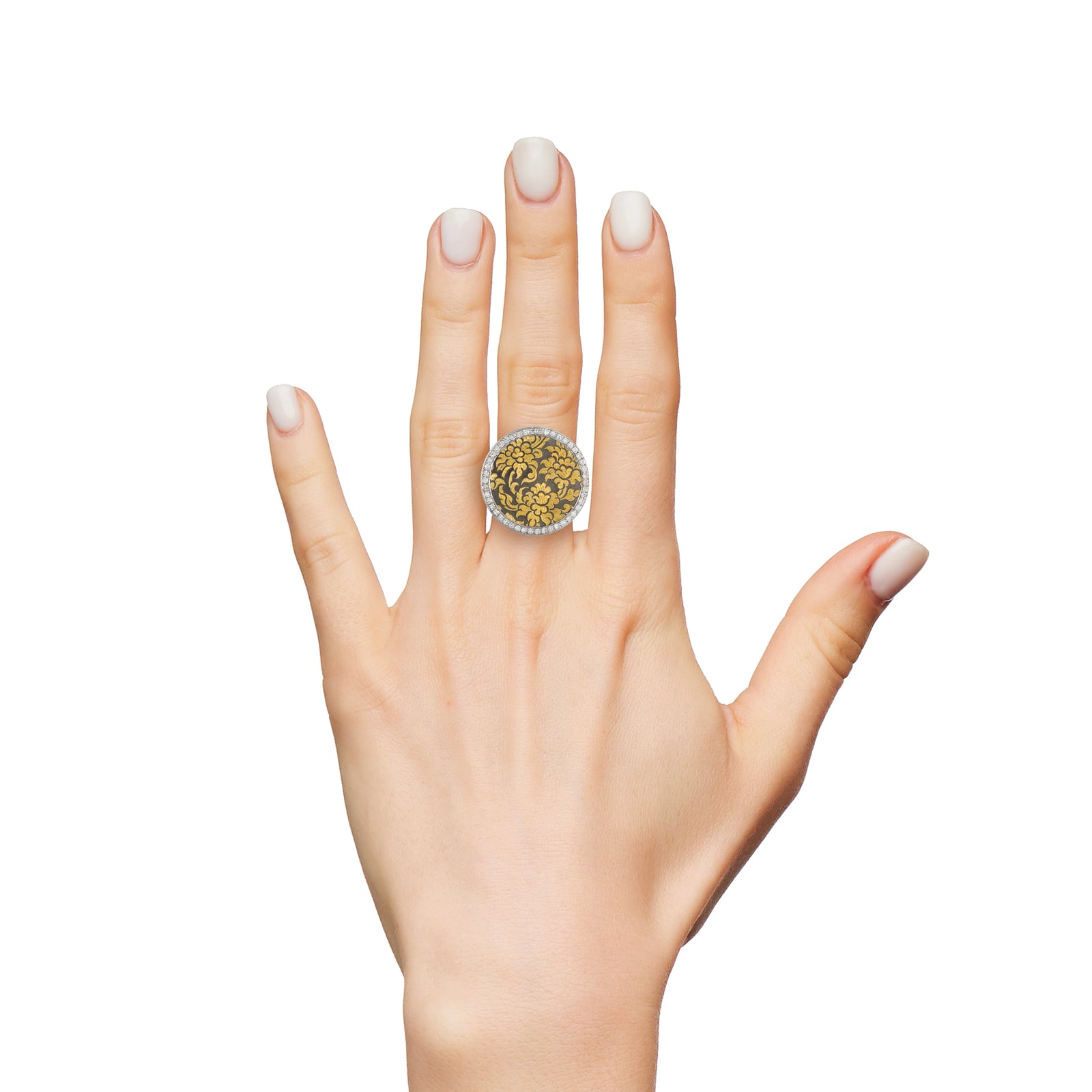 Golden Niello Floral Round Flat Top Ring AG579