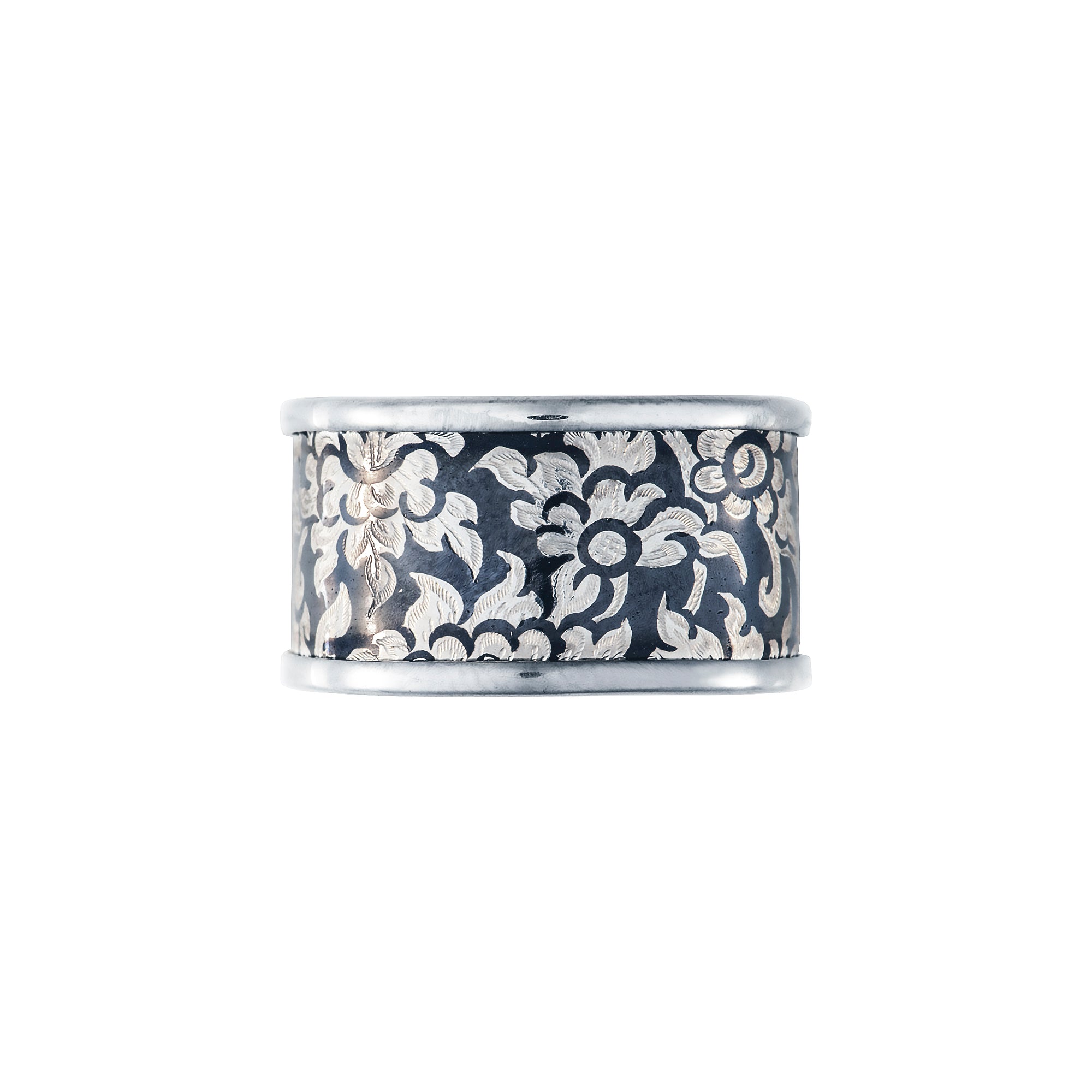 Silver Niello Floral Cushion Profile Ring AG580
