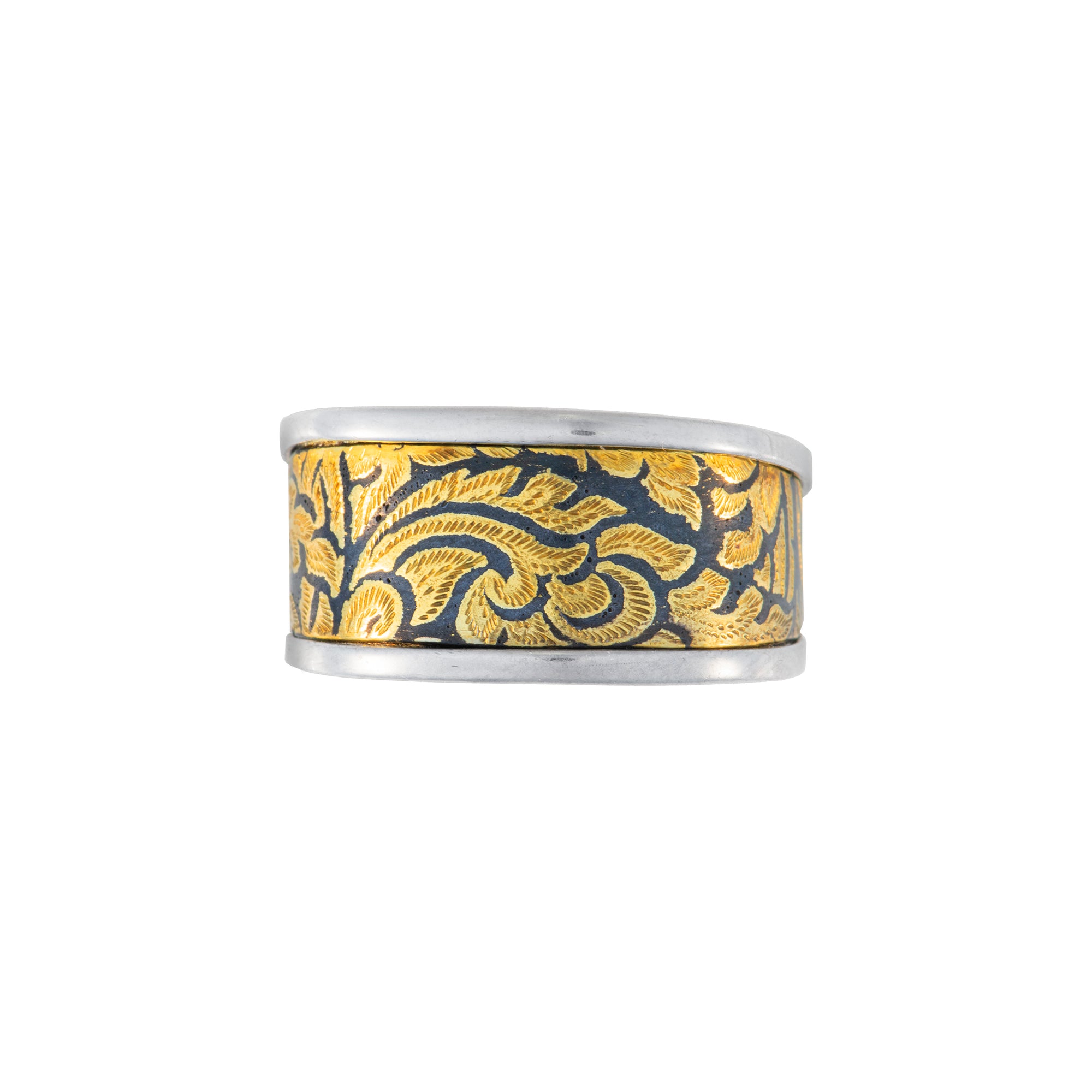 Golden Niello Floral Cushion Profile Tapered Ring AG581