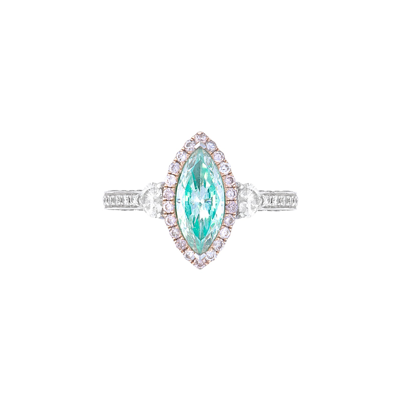 Chroasia Three Stone Halo Ring - Green Diamond Marquise AU455