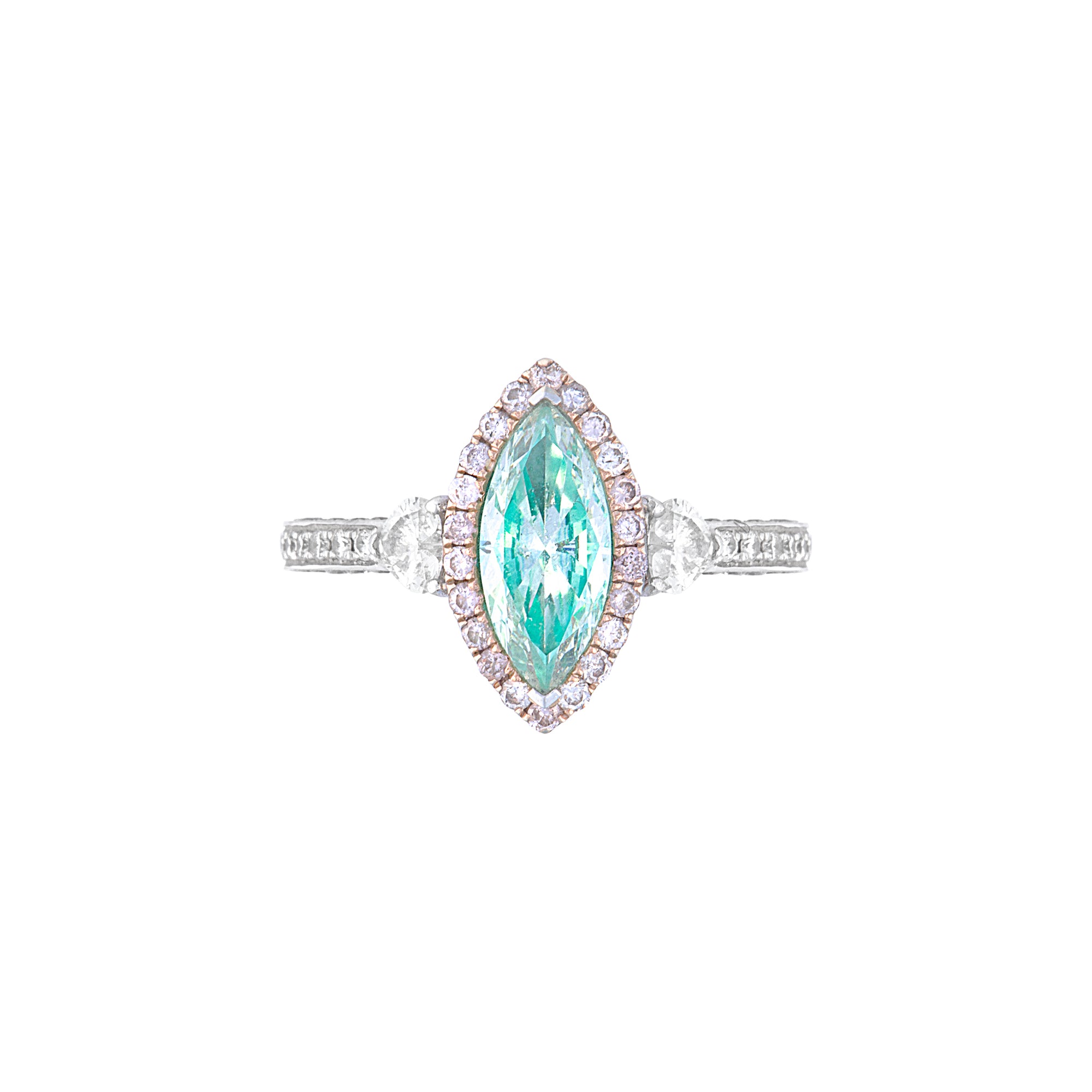 Chroasia Three Stone Halo Ring - Green Diamond Marquise AU455