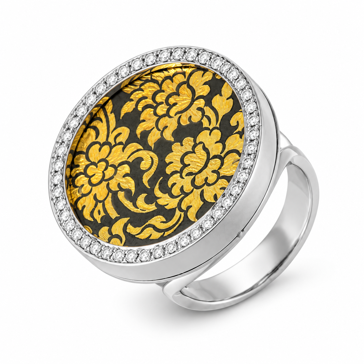 Golden Niello Floral Round Flat Top Ring AG579