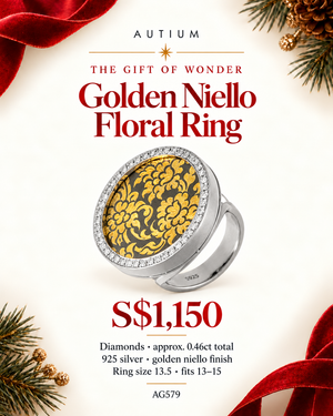 Golden Niello Floral Round Flat Top Ring AG579
