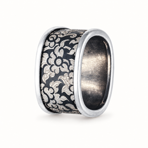 Silver Niello Floral Cushion Profile Ring AG580