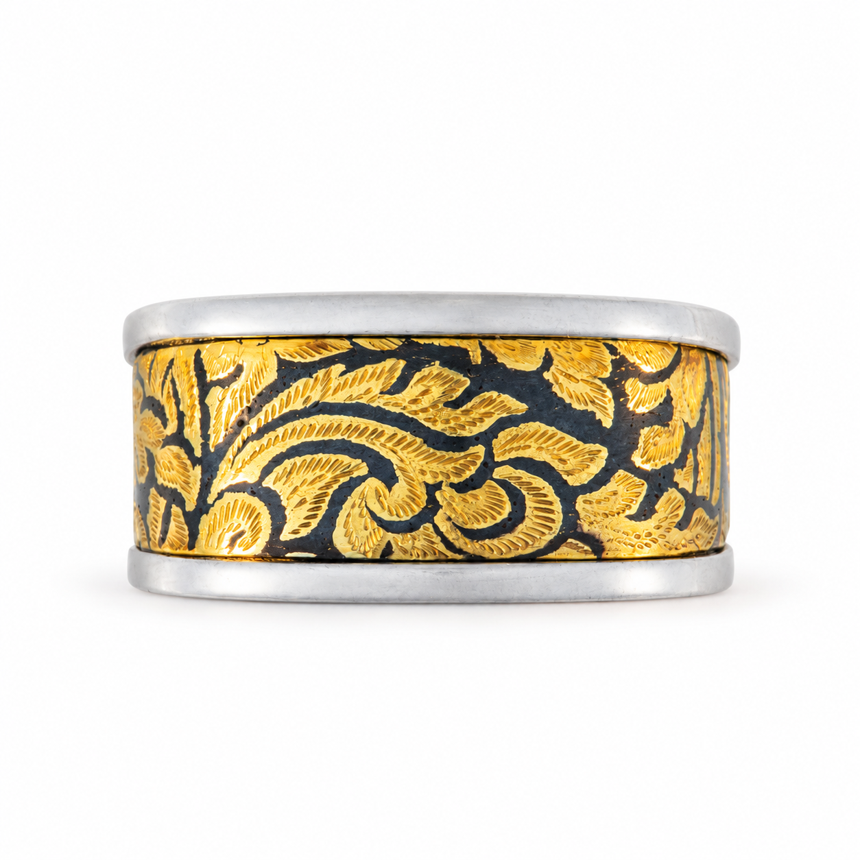 Golden Niello Floral Cushion Profile Tapered Ring AG581