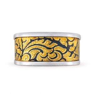 Golden Niello Floral Cushion Profile Tapered Ring AG581