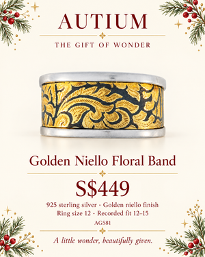 Golden Niello Floral Cushion Profile Tapered Ring AG581
