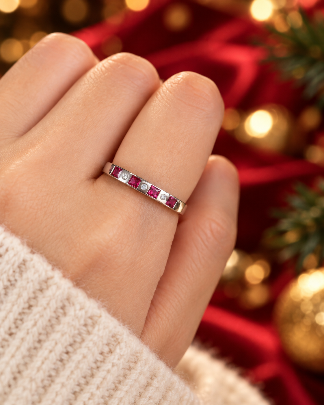 Judy Ruby Mix Square and Round Half Eternity Ring M519