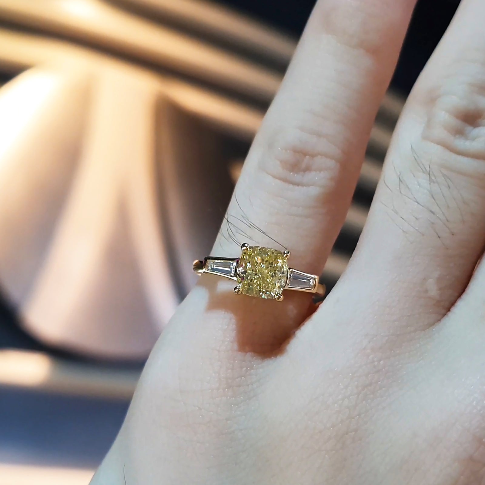 Ciarney Bezel Three Stone Ring - Diamond Yellow Cushion 2022-250