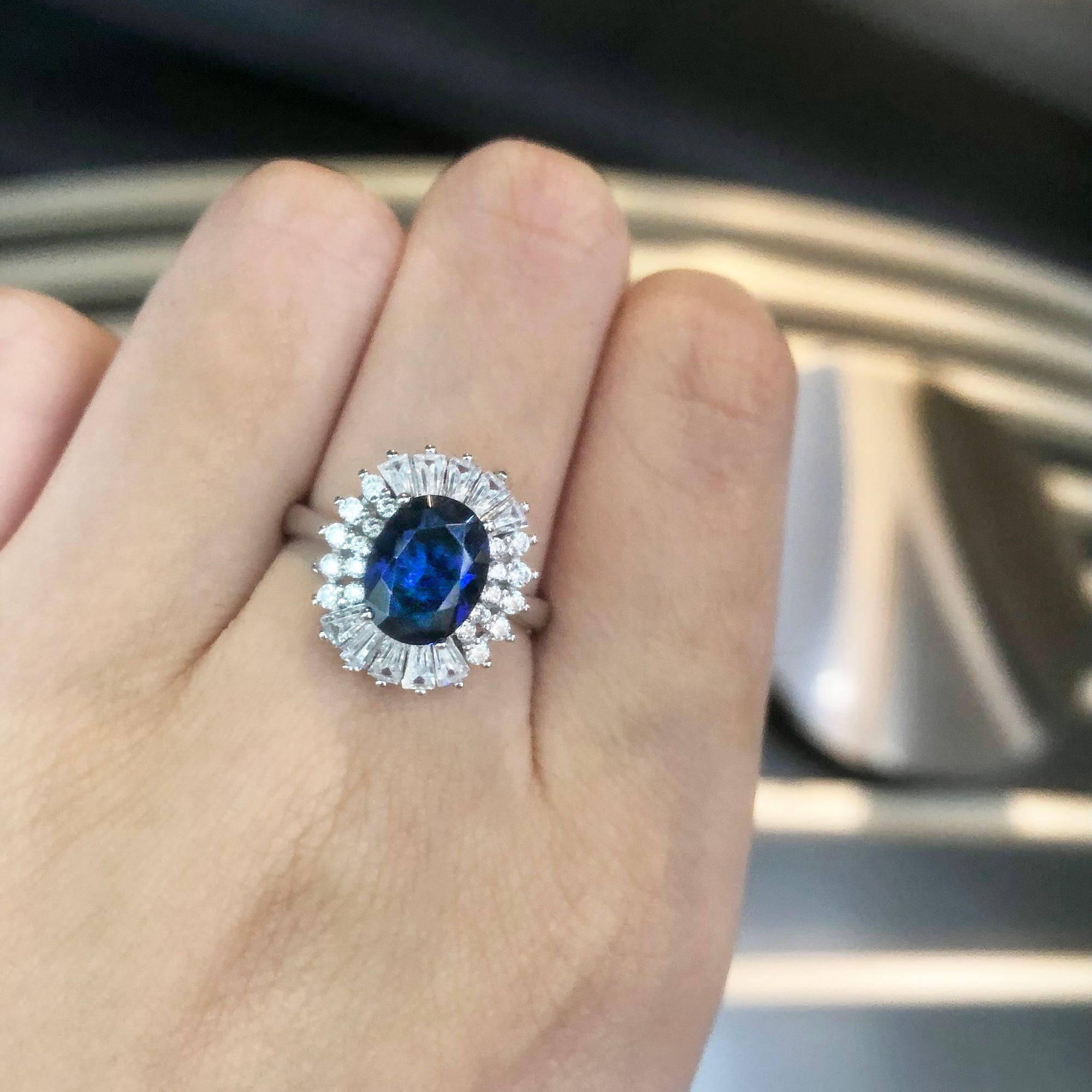 Farah Mix Tapered Baguette and Round Halo Ring - Sapphire Oval AG796-12