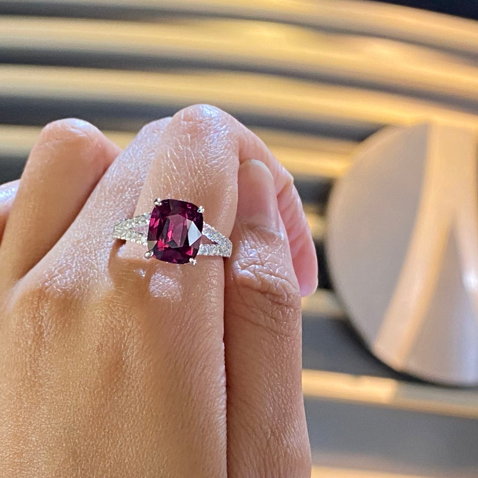 Agnesa Split Shank Solitaire Gemstone Ring - Pink Long Cushion 2021-197