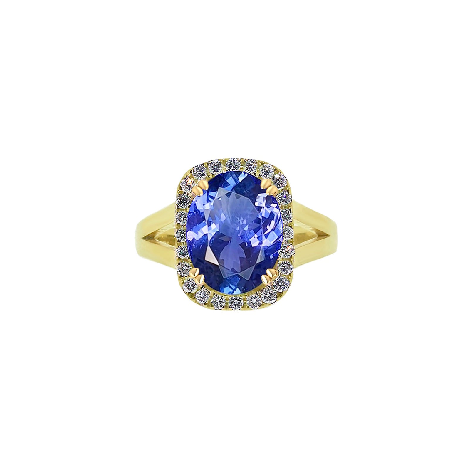 Angie Halo Split Shank Gemstone Ring - Tanzanite Oval 2019-011