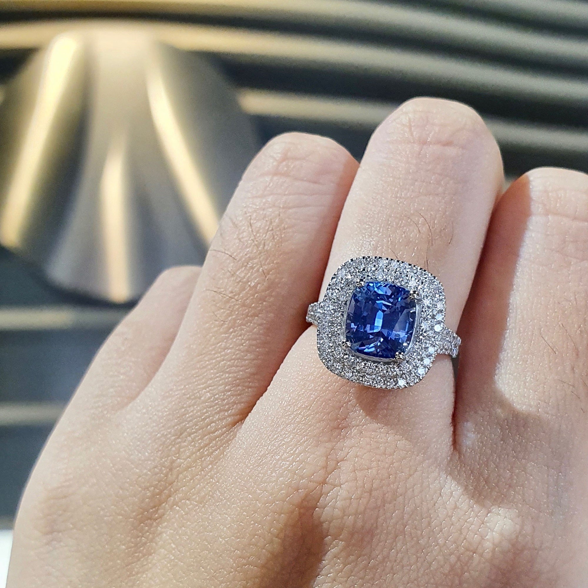 Anthio Double Halo Ring - Blue Long Cushion 2019-69