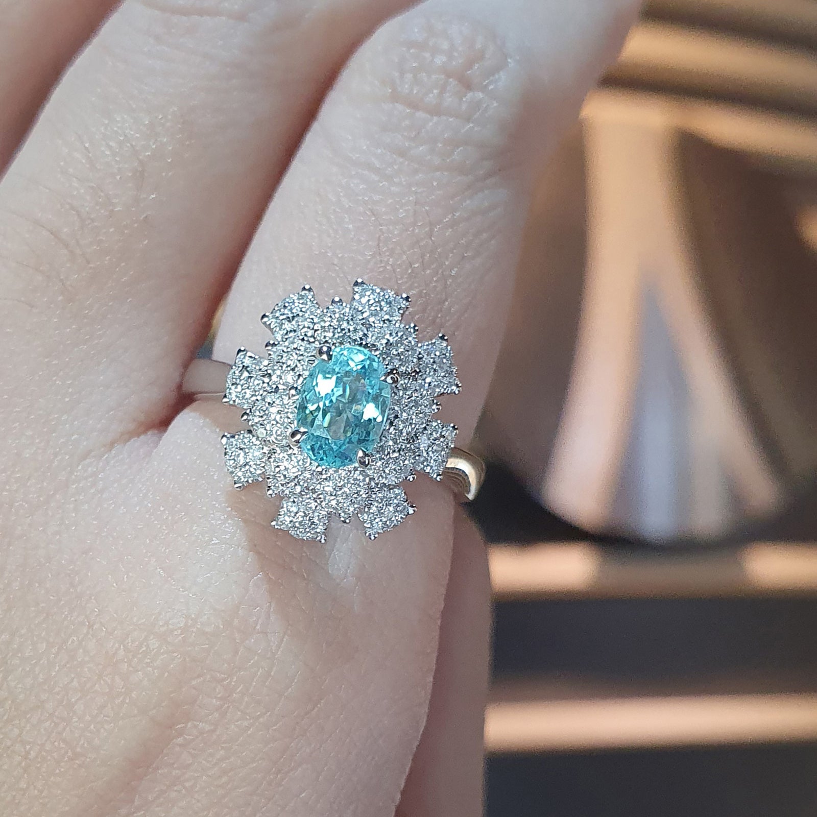 Snowy Paraiba Halo Oval Ring 0.94CT AU393