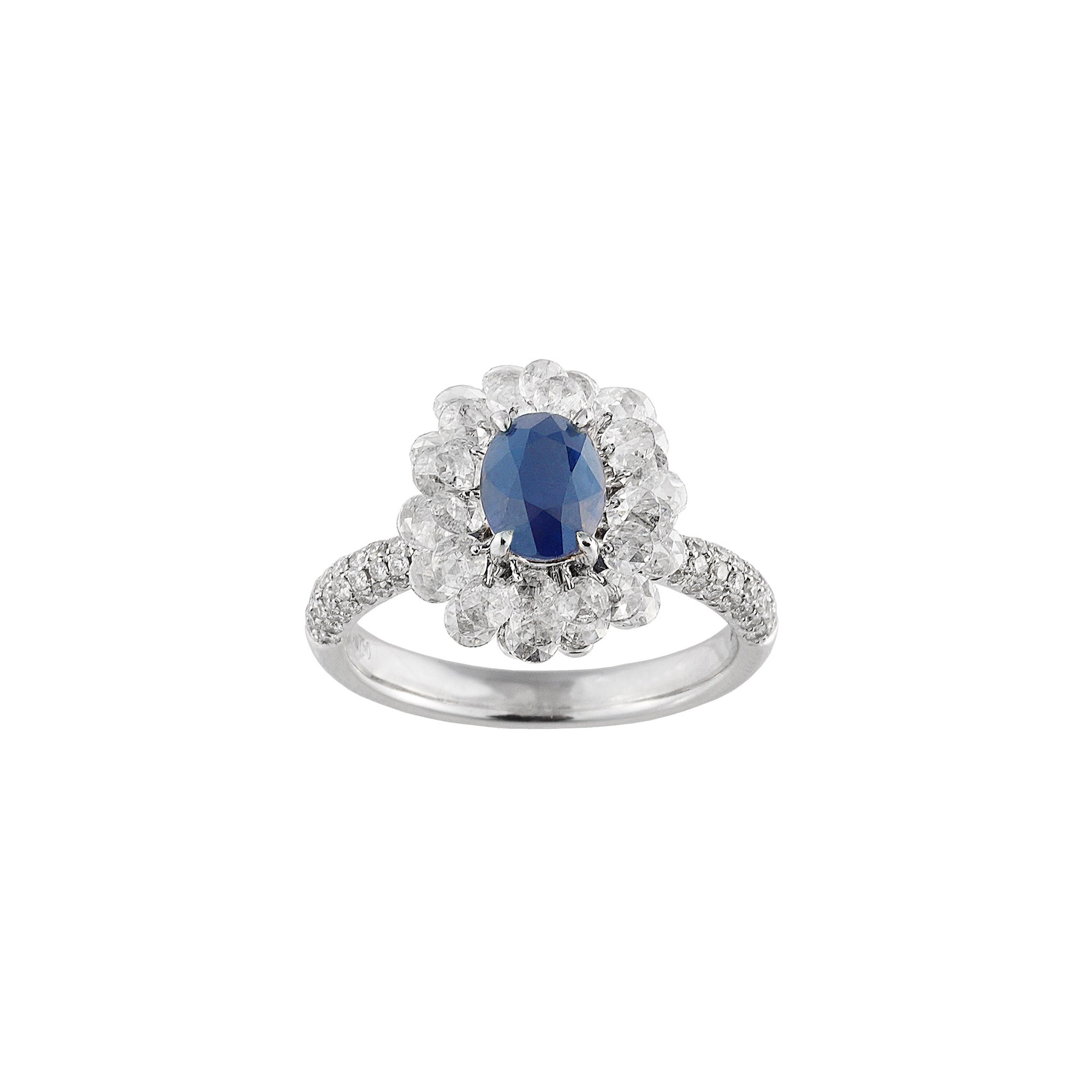 Diana Petal Halo Oval Diamonds Ring Unheated Blue Sapphire 1.3CT AU398