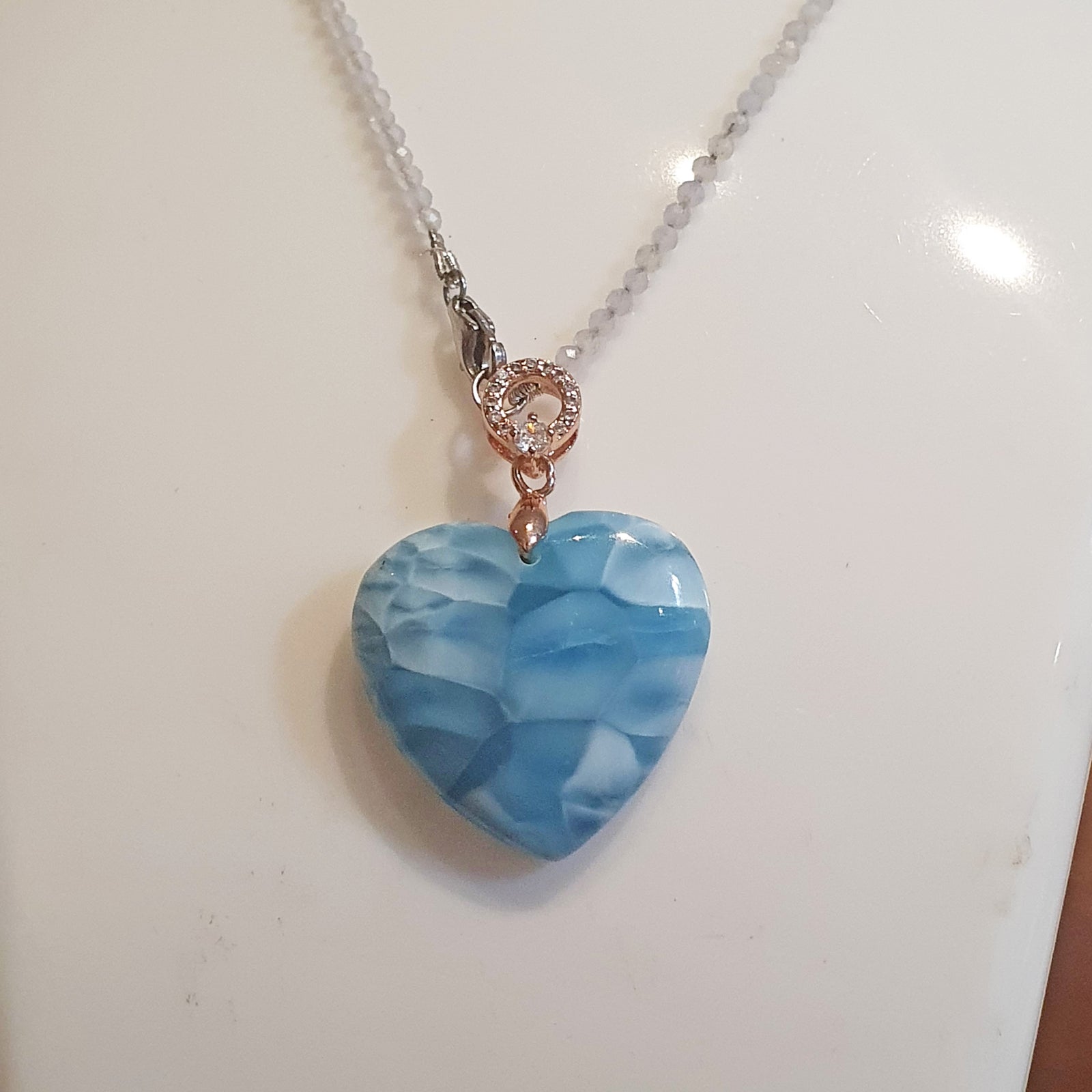 Heart Shaped Larimar with Moonstone Bead Necklace G573