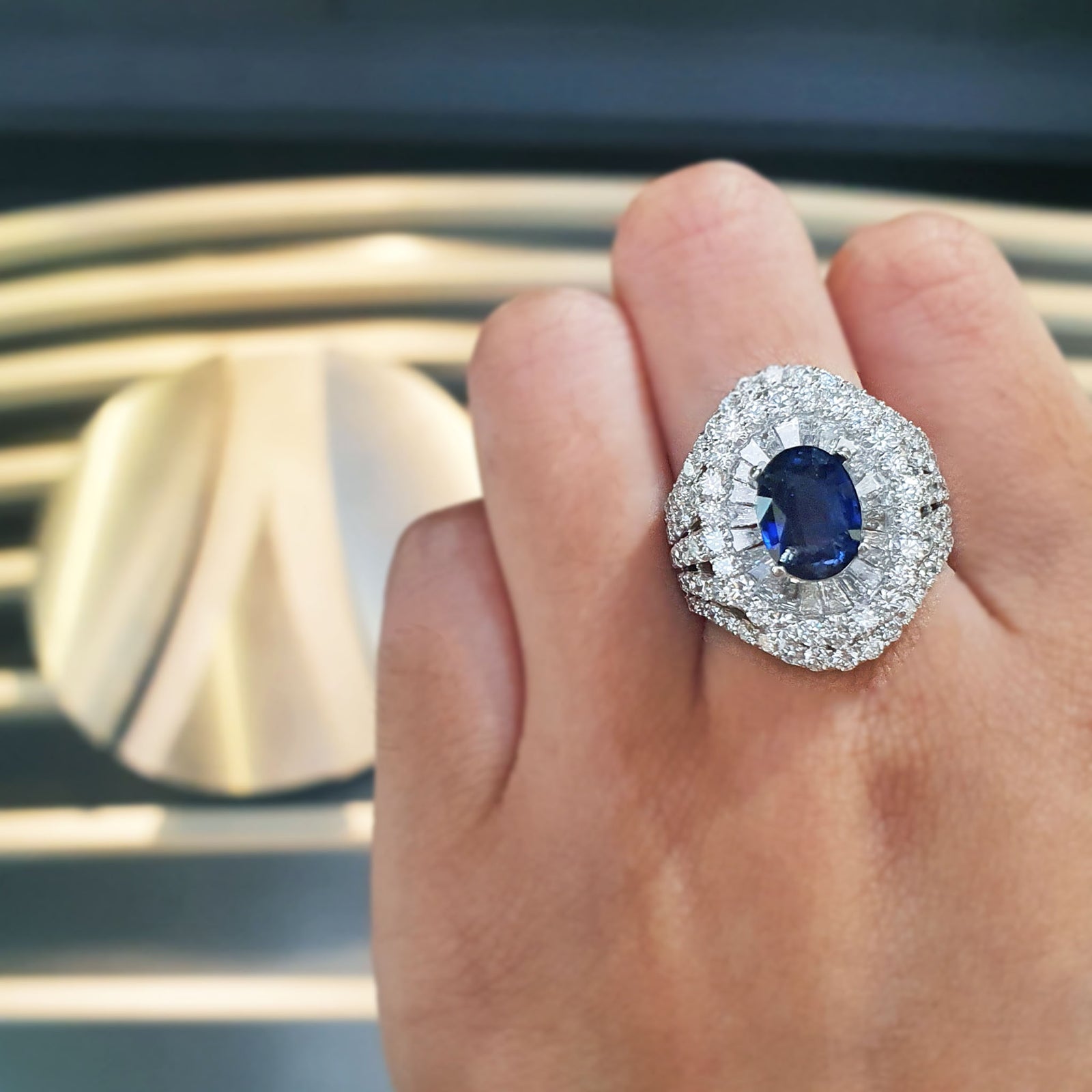 Protoplasm Double Halo Five Shank Gemstone Ring - Sapphire Oval AU422