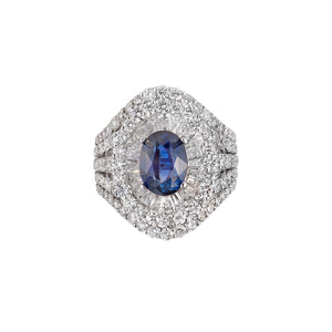 Protoplasm Double Halo Five Shank Gemstone Ring - Sapphire Oval AU422