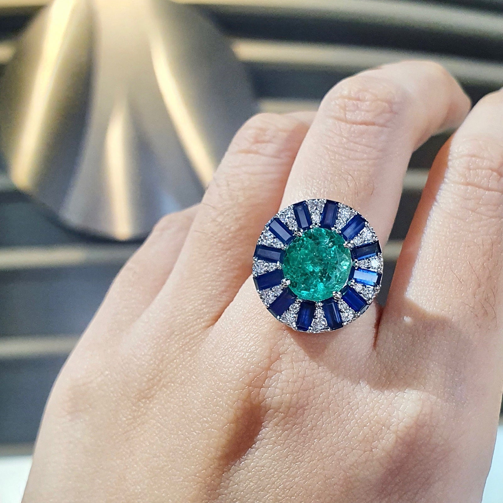Maurino Starburst Halo Ring - Green Oval 2019-77