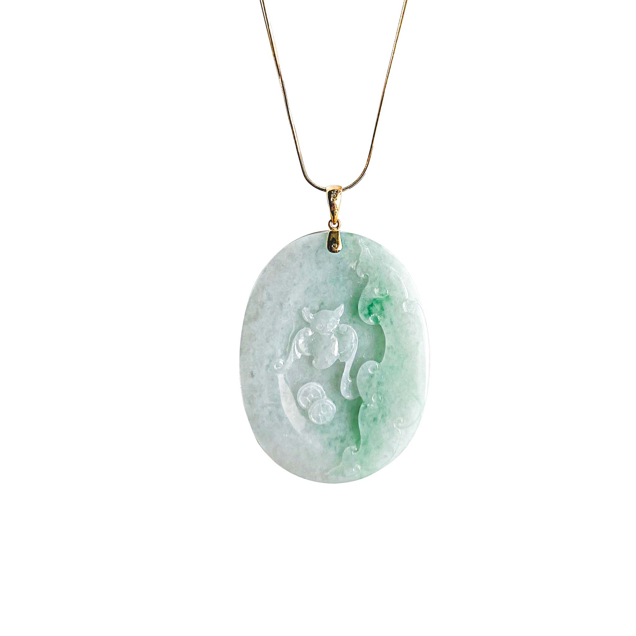 Oval Carved Jade Pendant With Bamboo and Animal M445 Autium Jewels