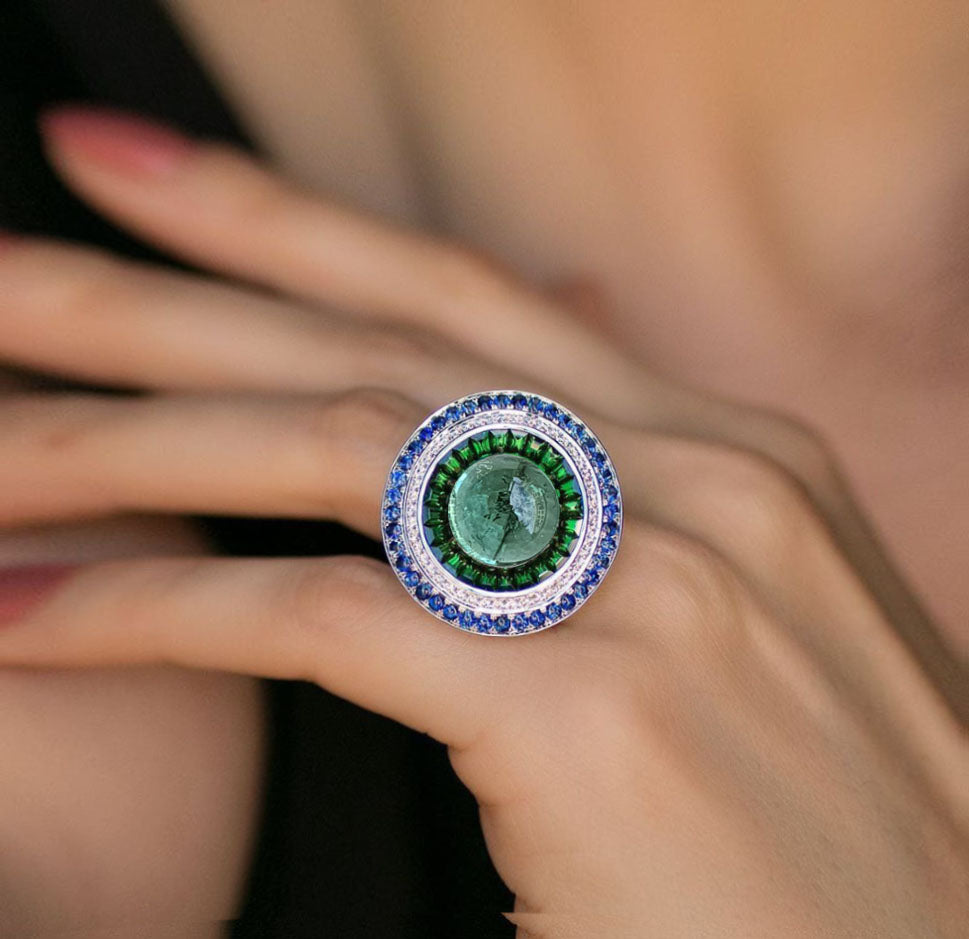 Cantella Triple Halo Ring - Green Oval W108