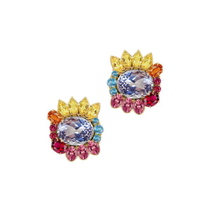 Mariam Starburst Multi-Gems Halo Earrings - Light Pink Oval W149