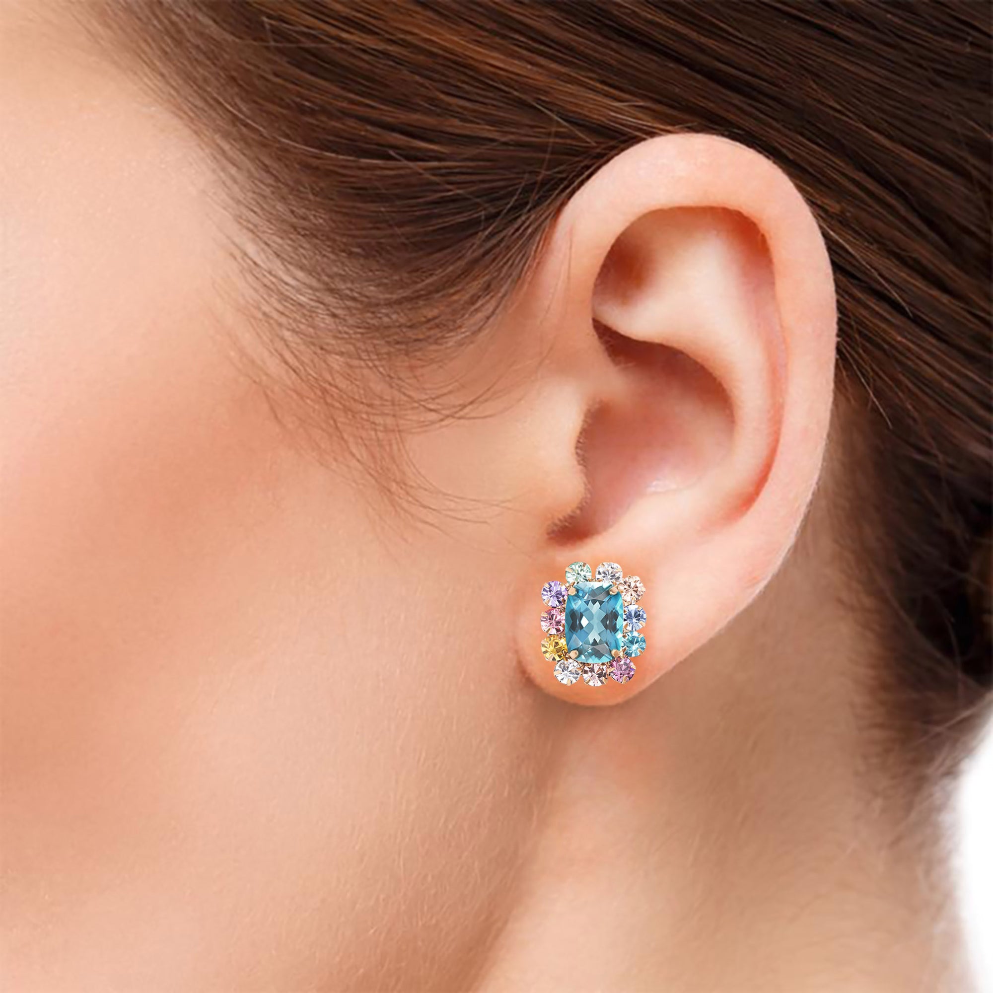 Marsy Multicolour Halo Ear Studs - Blue Long Cushion W244